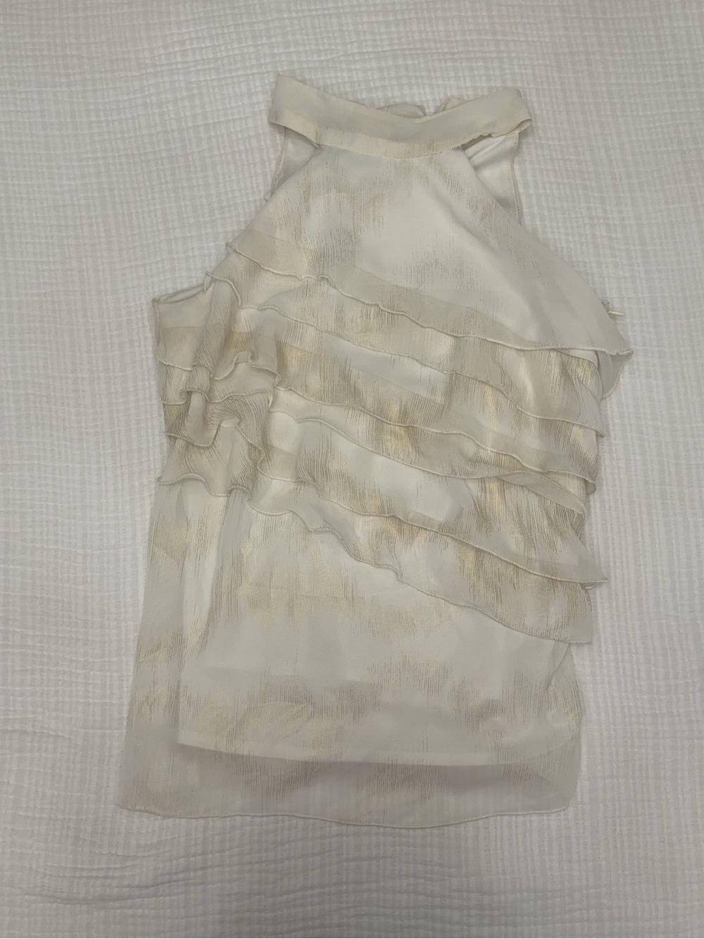 iz byer ivory gold ruffle halter top
